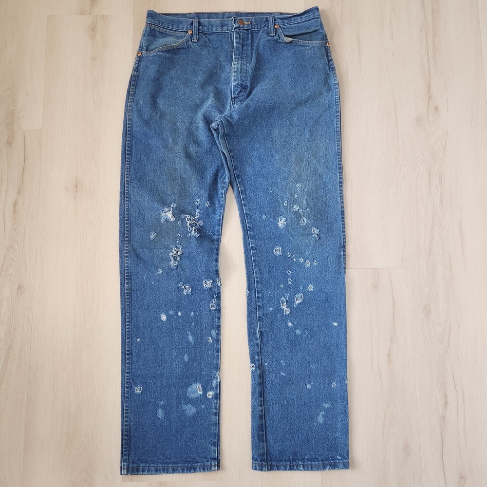 VINTAGE Wrangler Jeans 35x34 Blue Western‎ Cowboy Thrashed Distressed 13MWZPW